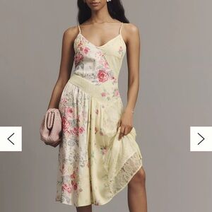 Anthropologie Pale Yellow Floral Lace Slip Midi Dress